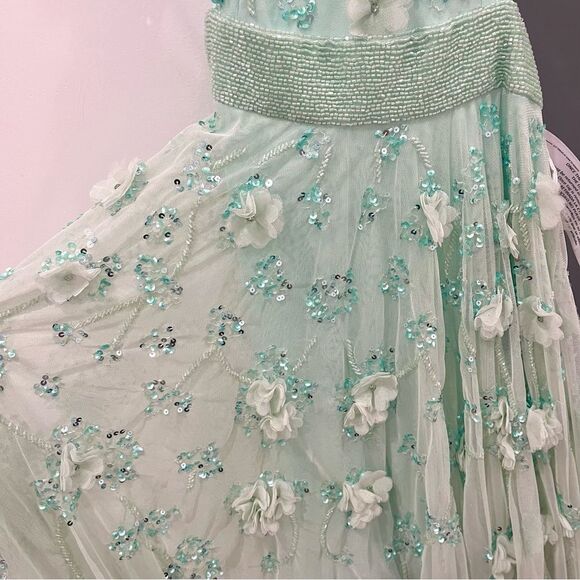 NWT Mac Duggal 70275 Aqua Mint Sequined Floral Ruffle Cutout Tulle Maxi Dress 2 - Picture 5 of 11